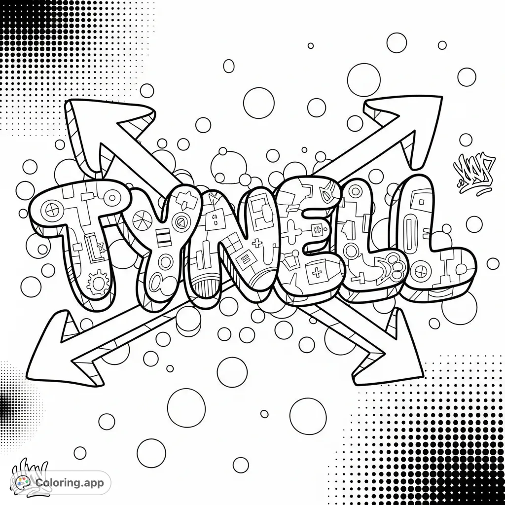 Color a dynamic graffiti-style "TYNELL" in bold 3D bubble letters, featuring intricate internal details, arrows, and a textured background with circles and halftone patterns.