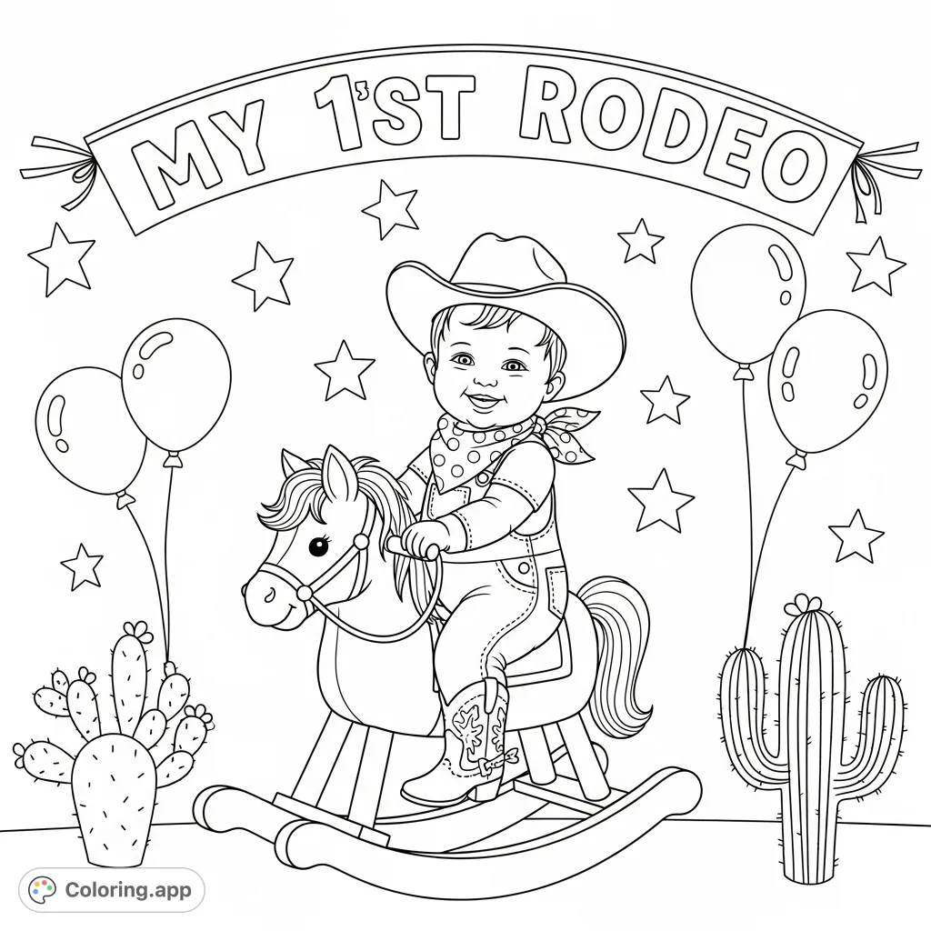 Celebrate a baby girl's milestone with this adorable 1st rodeo coloring page. Features a cheerful baby, rocking horse, and festive western decor.