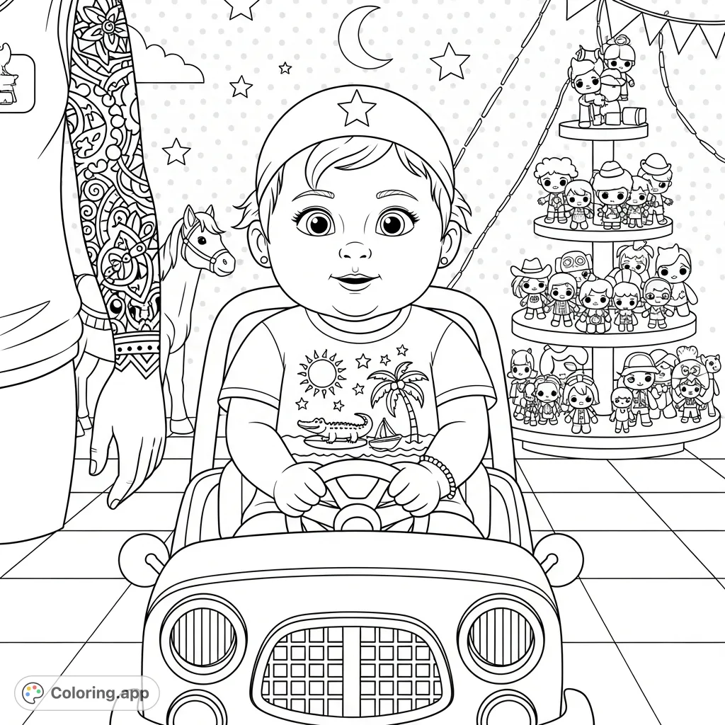 A charming coloring page featuring a child in a toy car, wearing a fun graphic shirt, surrounded by toys and an adult's tattooed arm. Perfect for imaginative play.