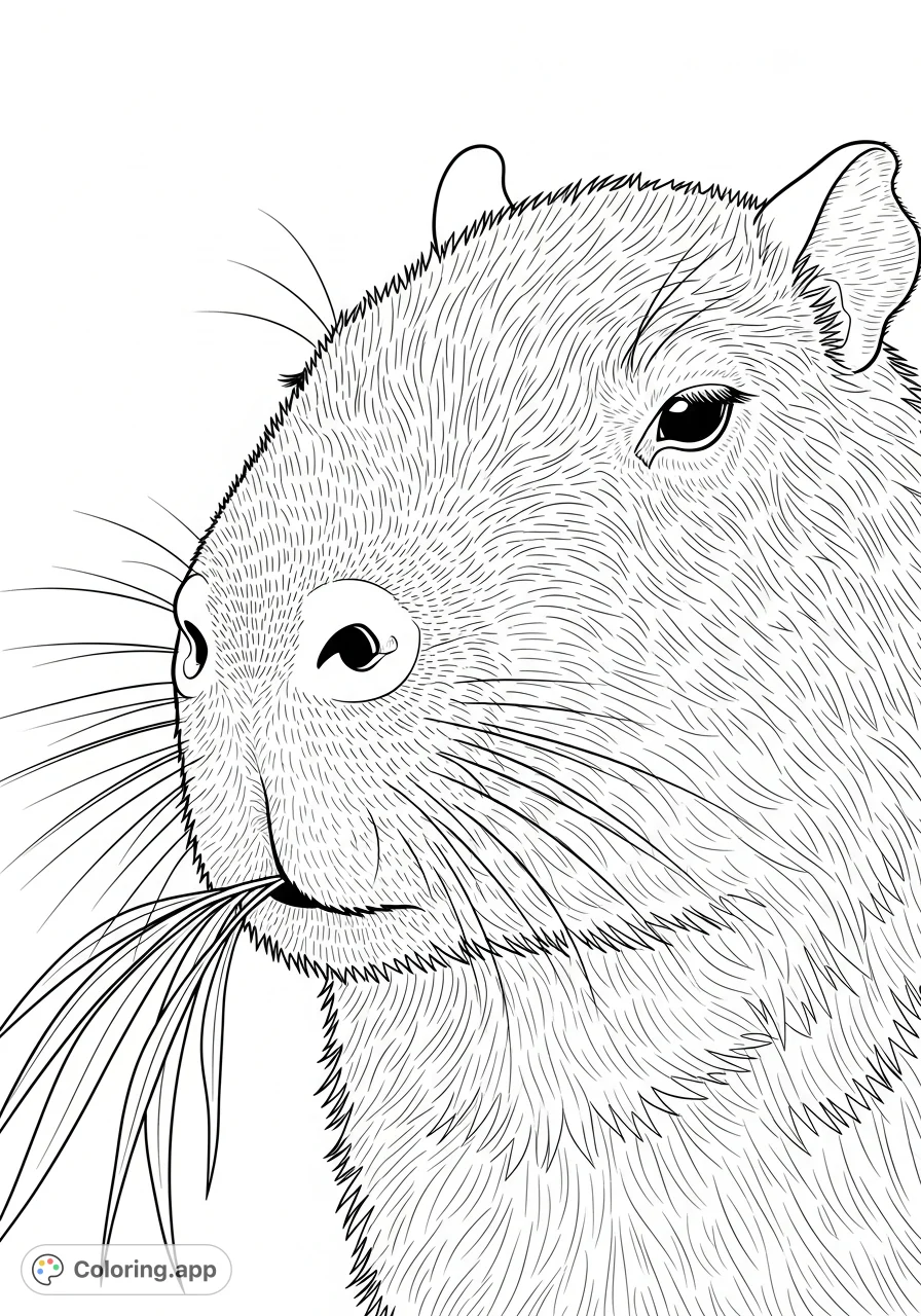 Discover a detailed capybara coloring page, focusing on its textured fur, expressive face, and gentle features, perfect for animal lovers.
