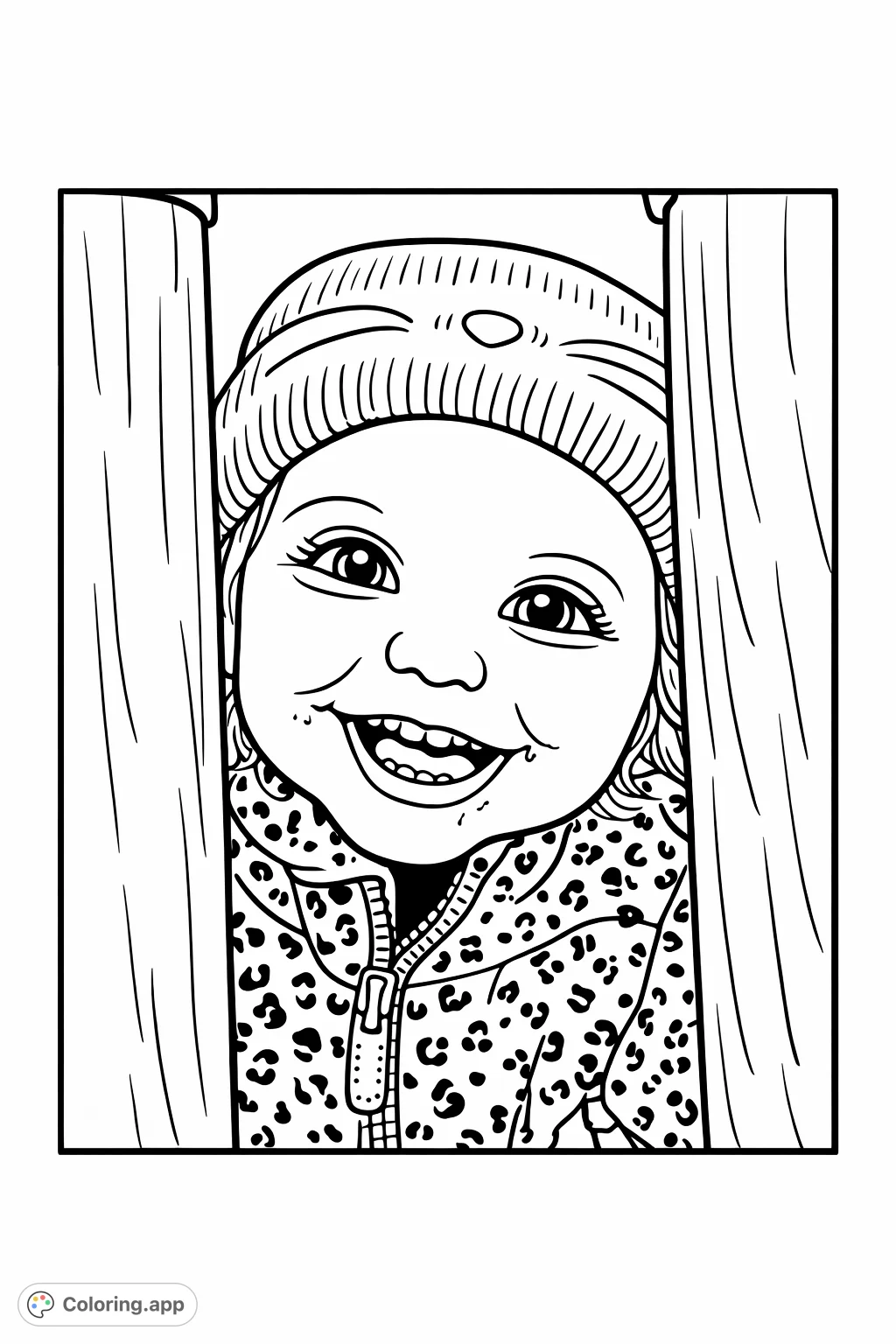 A delightful scene featuring a joyful child peeking from behind wooden posts, wearing a patterned jacket and a fun beanie. Perfect for happy coloring.
