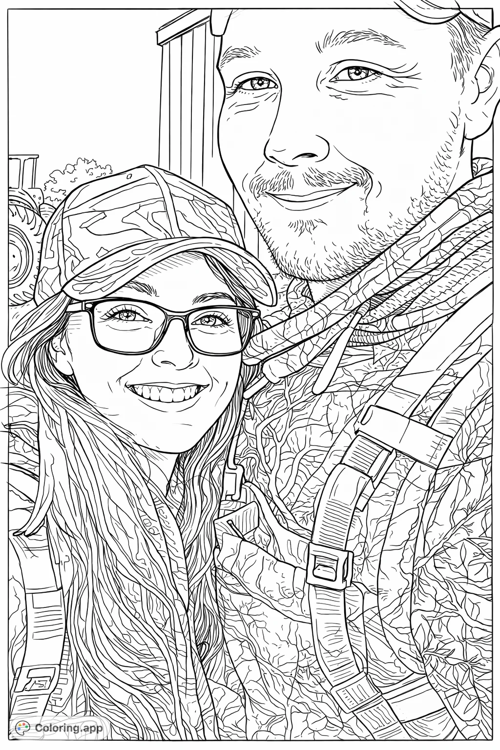 Enjoy an outdoor couple camouflage coloring page. Perfect for hunters and nature enthusiasts, featuring smiling faces and intricate patterns against a rural backdrop.
