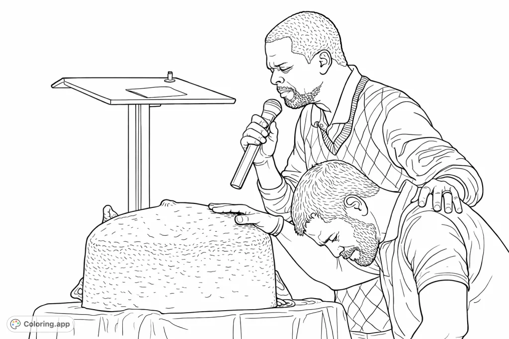 Capture a profound moment of shared focus and solemnity between two figures, with one gently resting a hand on a large, textured object. A thoughtful scene for quiet contemplation.