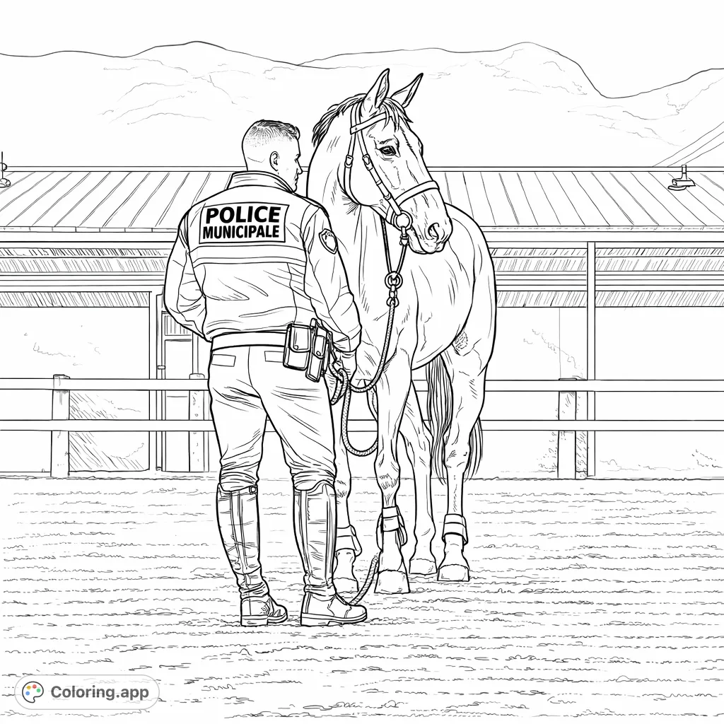 An engaging mounted police coloring page featuring an officer and their horse in an outdoor arena, ready for creative expression.