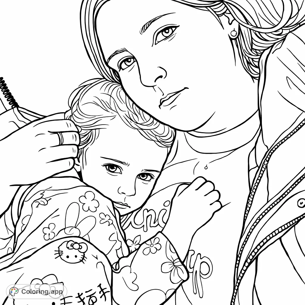 A heartwarming mother and child embrace, offering a tender moment of comfort. Features detailed clothing patterns and serene expressions, perfect for mindful coloring.