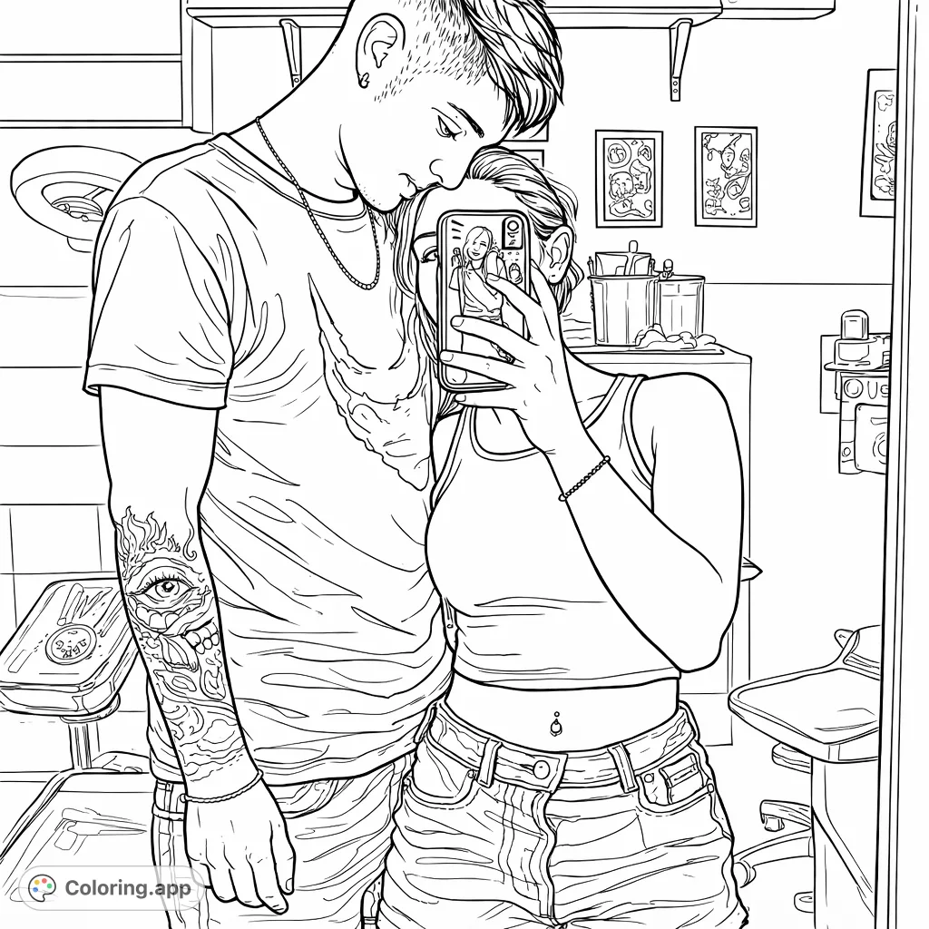 Capture a moment of connection with this couple coloring page. Featuring a tender embrace, detailed tattoos, and reflective elements for a personal touch.