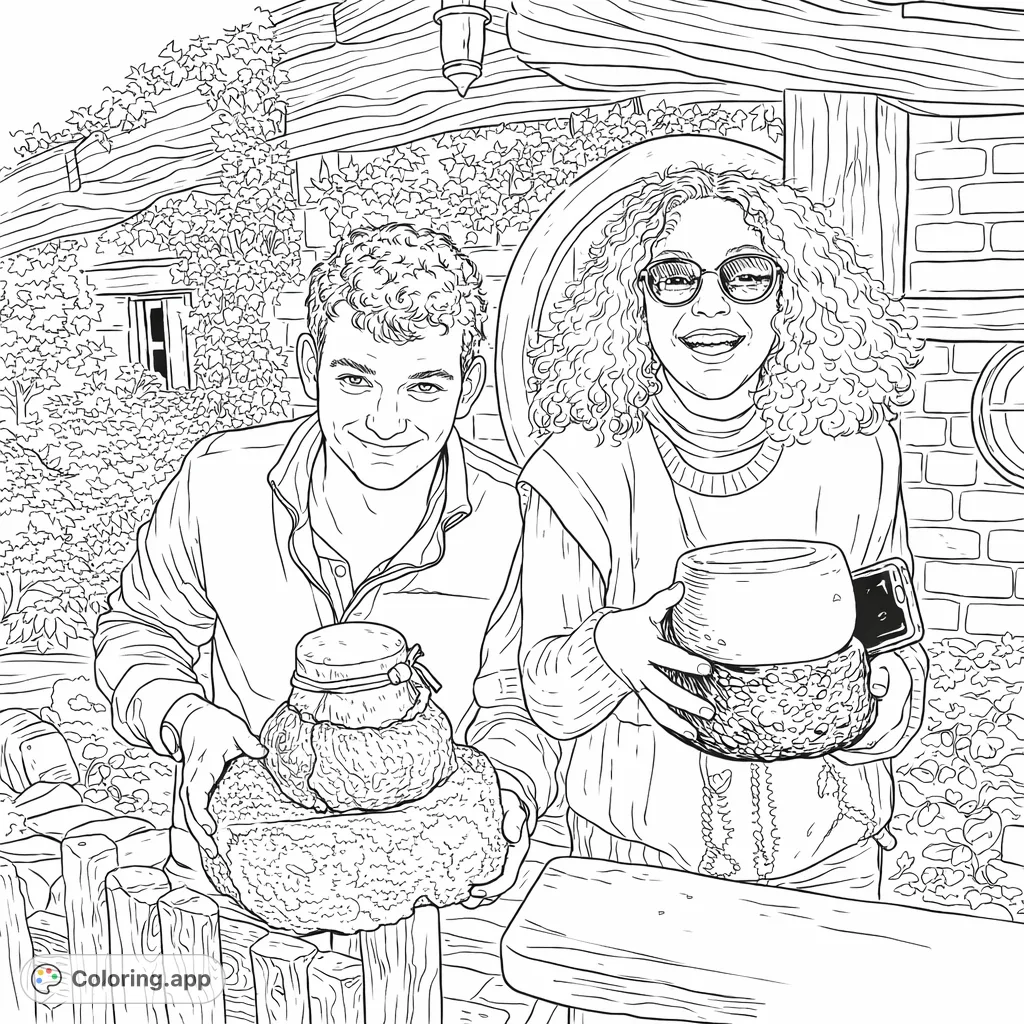 Explore a charming fantasy home scene with two smiling characters presenting their rustic cheese creations. Perfect for imaginative colorists of all ages.