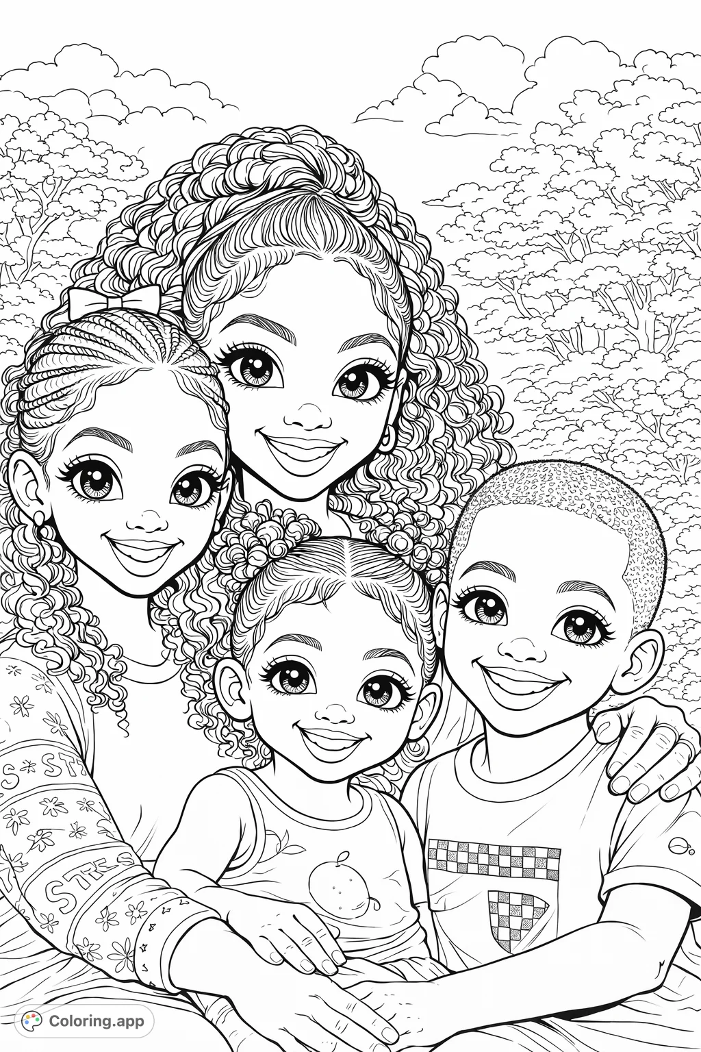 Capture the warmth of family with this intricate coloring page featuring a mother and her three smiling children amidst a serene natural setting.