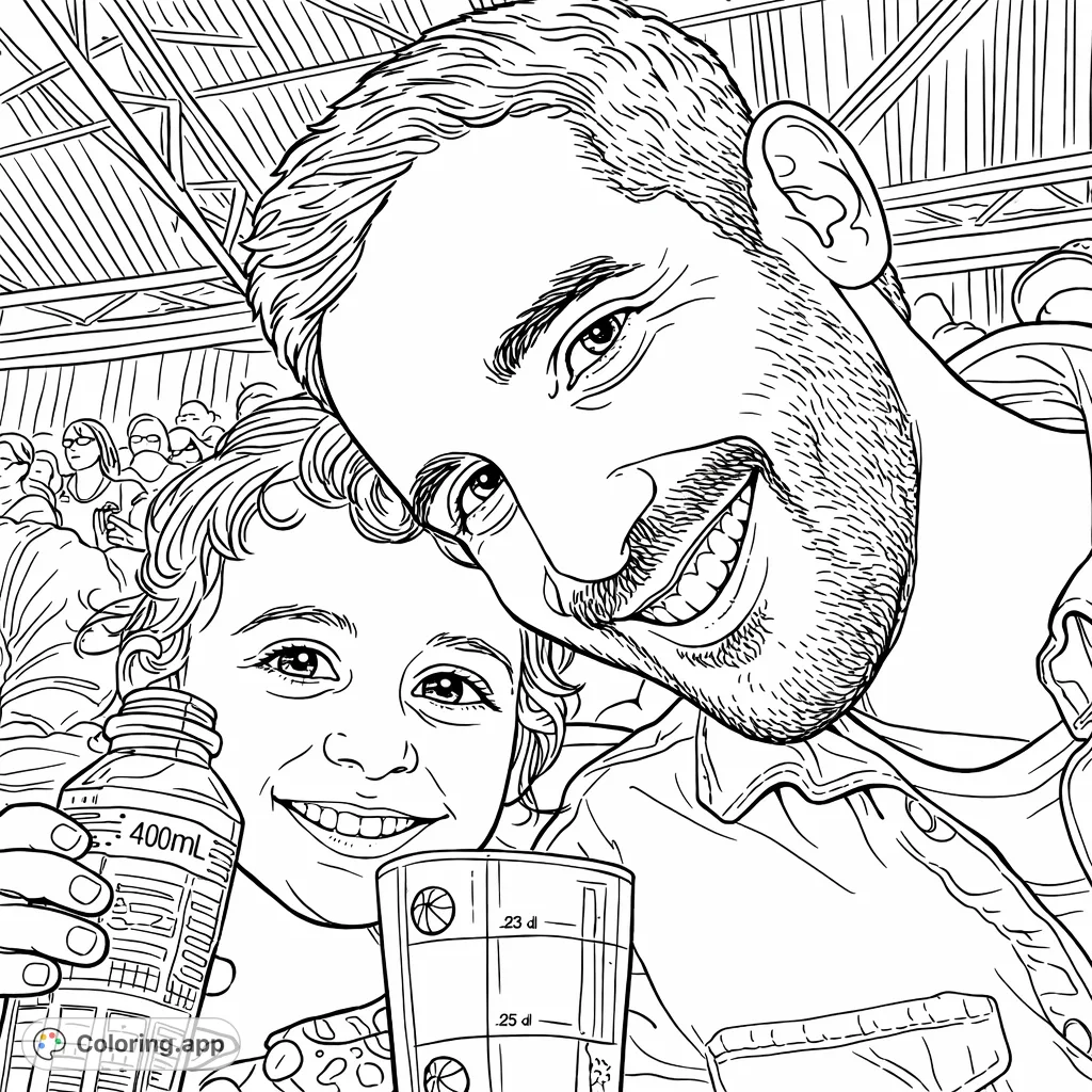 A heartwarming coloring page featuring a smiling adult and child holding drinks at an event. Perfect for family fun and shared memories.