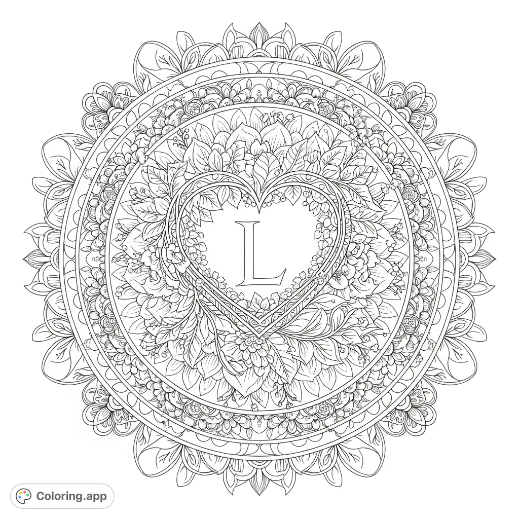 L Mandala Pattern Floral L Heart Mandala - Coloring.app