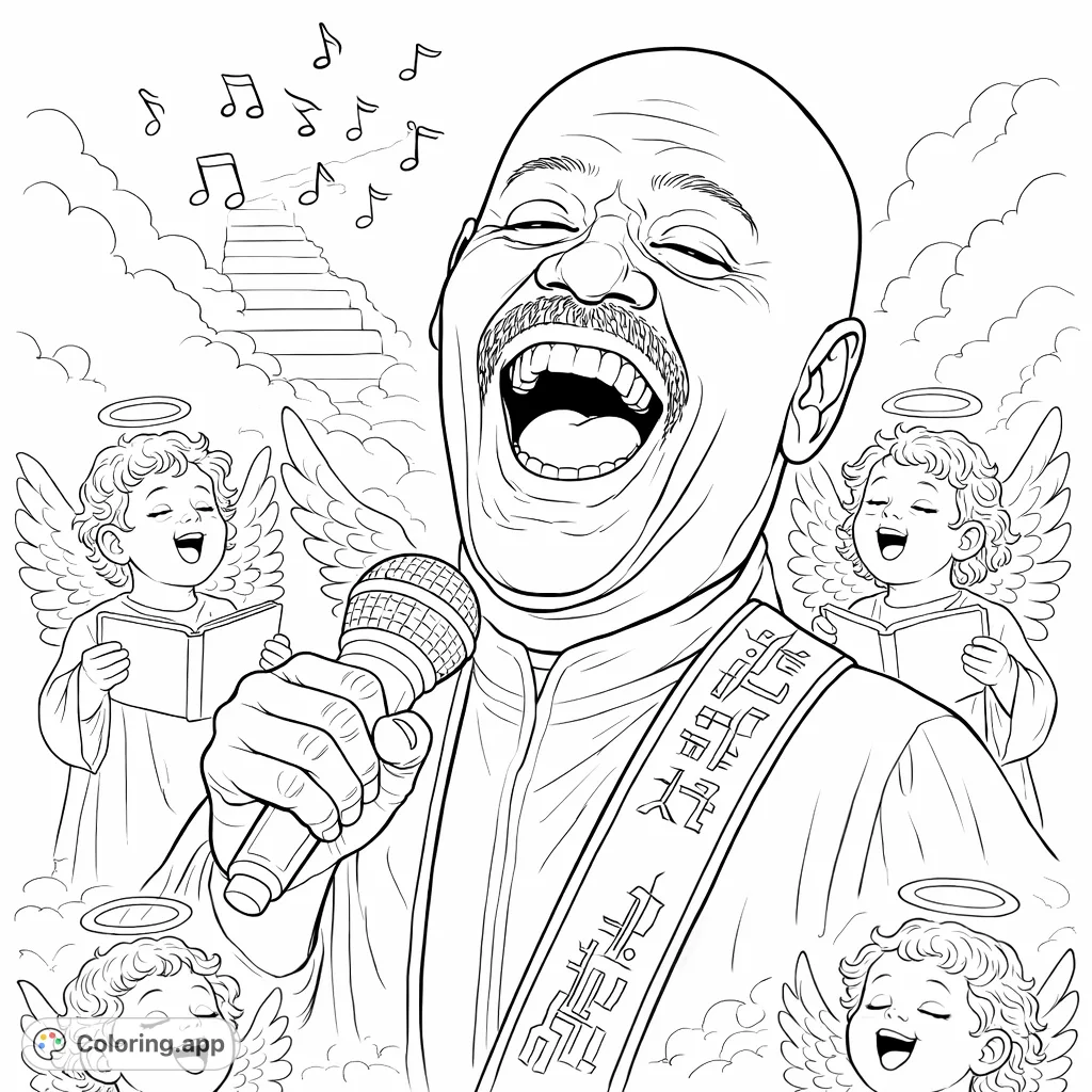 A heartwarming gospel music coloring page featuring a jubilant singer and a choir of cherubic figures amidst clouds and musical notes, perfect for creative expression.
