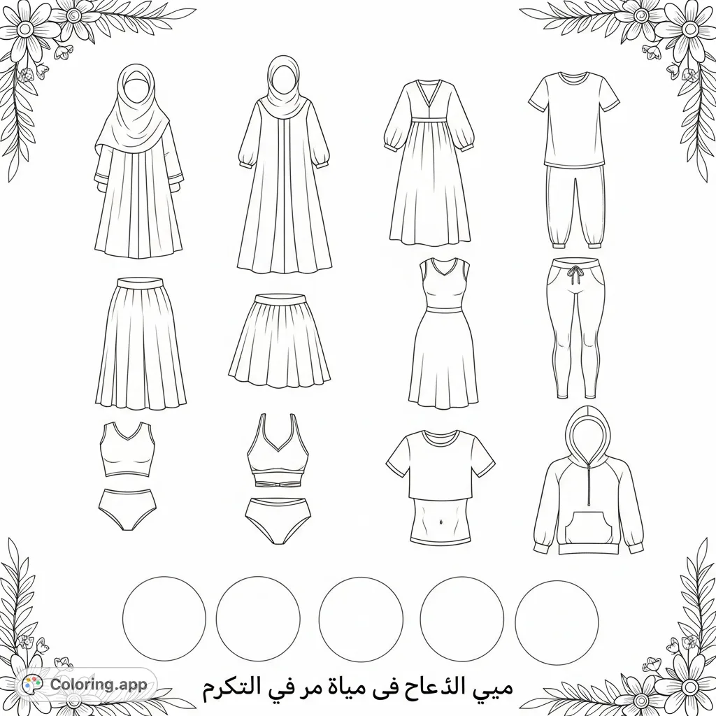 Explore diverse clothing options, from modest to modern, alongside a reflective Arabic message about personal choices in this engaging coloring page.