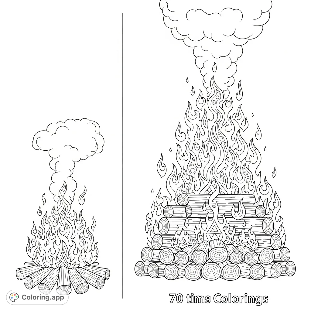 Explore the dramatic difference in size between two bonfires: one small and one seventy times larger, showcasing intricate flames and smoke plumes.