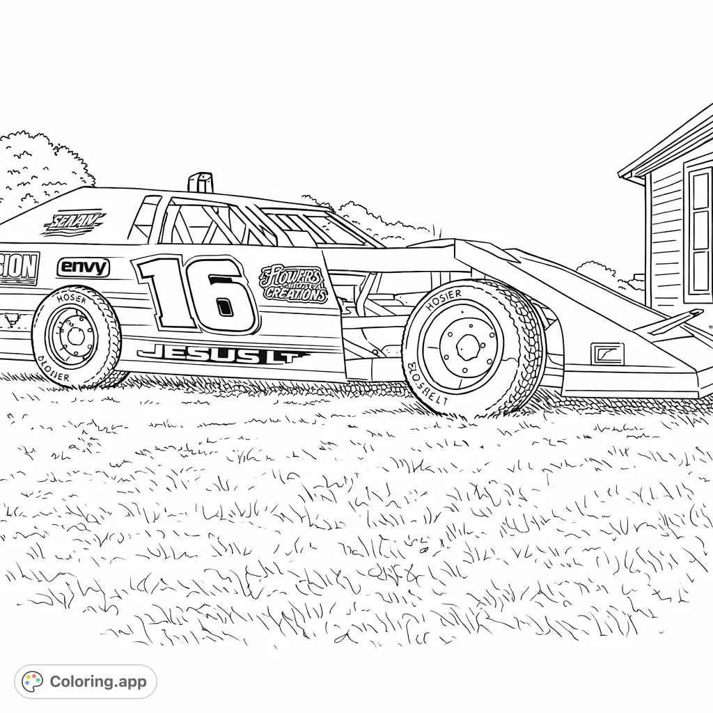 Get ready to color a powerful dirt track race car with bold numbers and detailed sponsor graphics, parked on a grassy field under a cloudy sky.