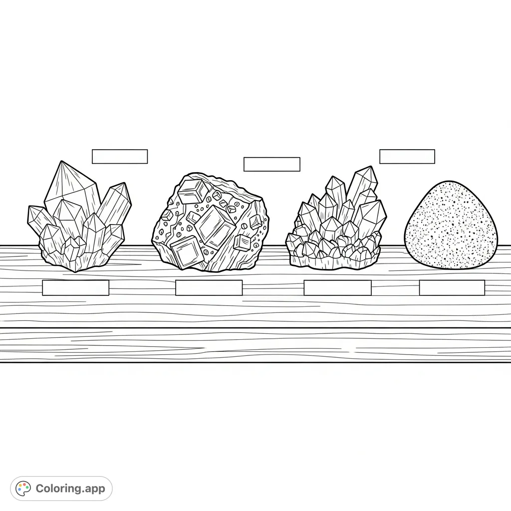 Explore a fascinating array of geological specimens including quartz, pyrite, amethyst, and granite, neatly displayed for a captivating coloring experience.