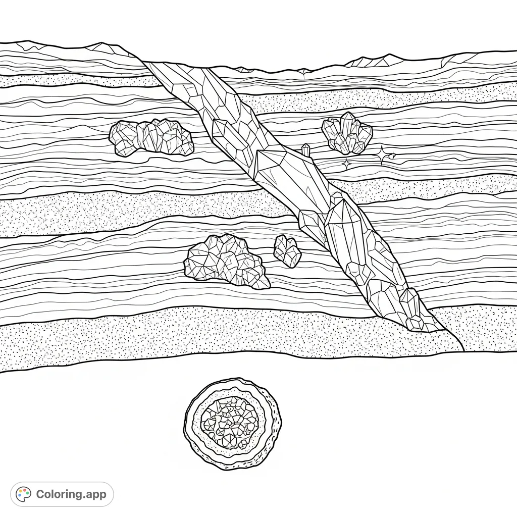 Explore a fascinating underground cavern wall with exposed geological strata, layered sedimentary rocks, and beautiful mineral formations like quartz crystals and geodes.