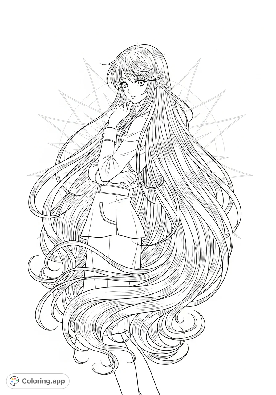 Discover a charming anime female character with long, flowing hair in a dynamic pose. A delightful free printable anime female character coloring page.
