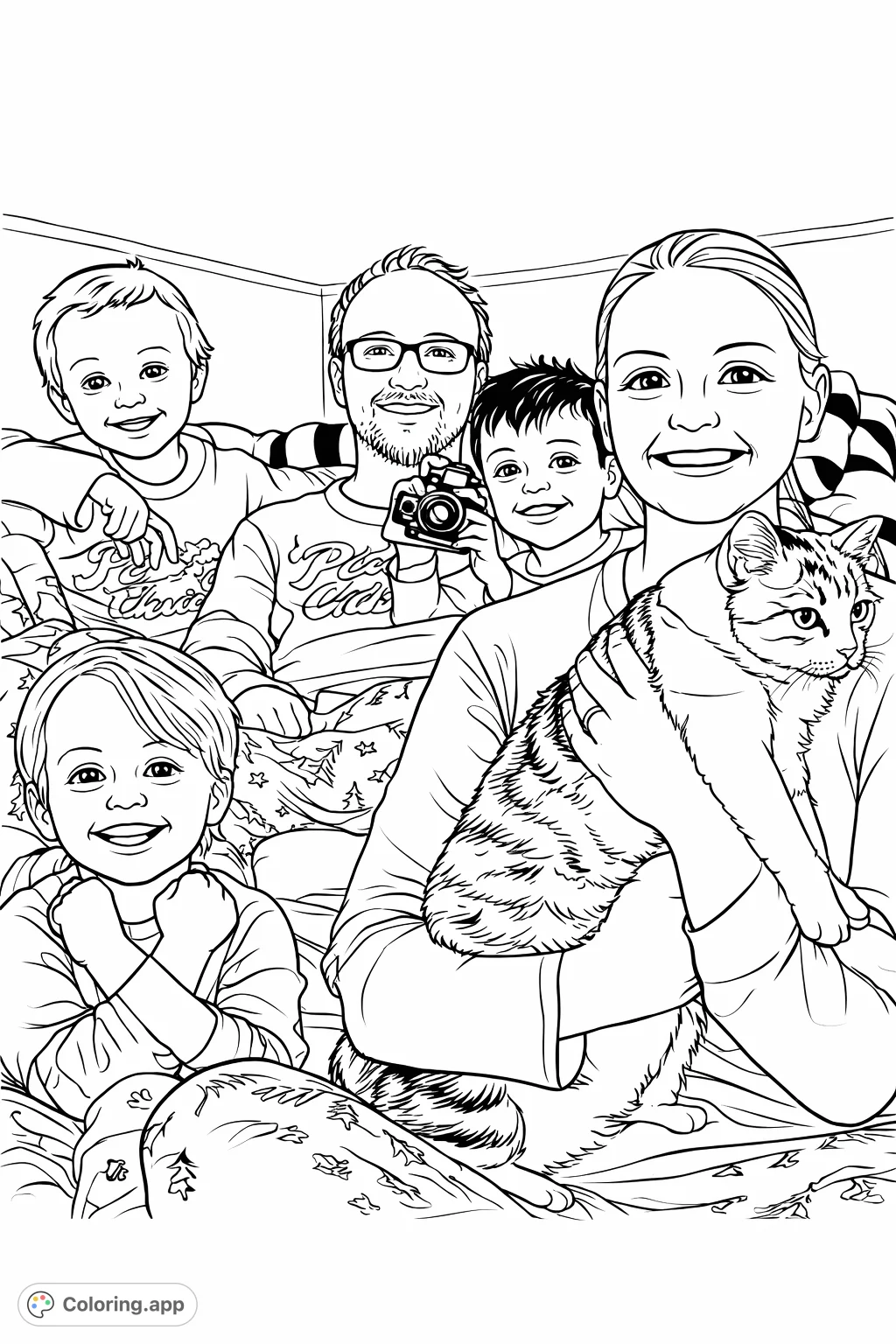 Capture a heartwarming family moment with this cozy coloring page featuring a mother holding a cat, surrounded by smiling children and a father.