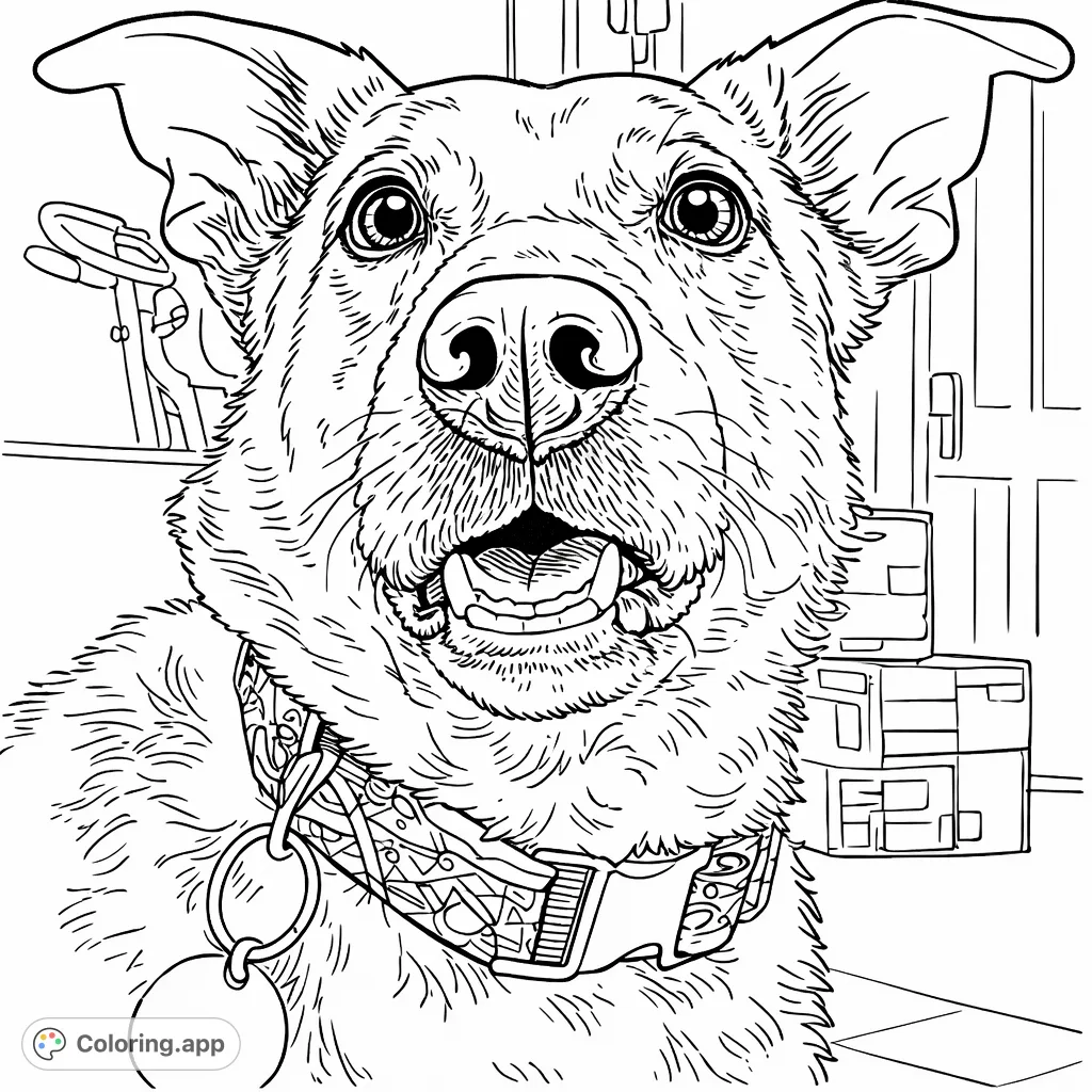 A charming close-up of a dog with expressive eyes and a patterned collar. Perfect for animal lovers of all ages to enjoy coloring.