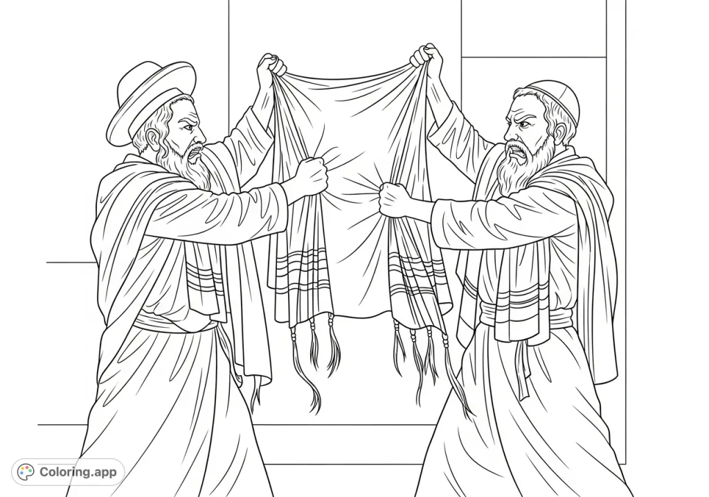 Two angry Talmudic era Jewish men fiercely tugging a tallit with detailed fringes, capturing a dramatic moment of dispute for advanced colorists.