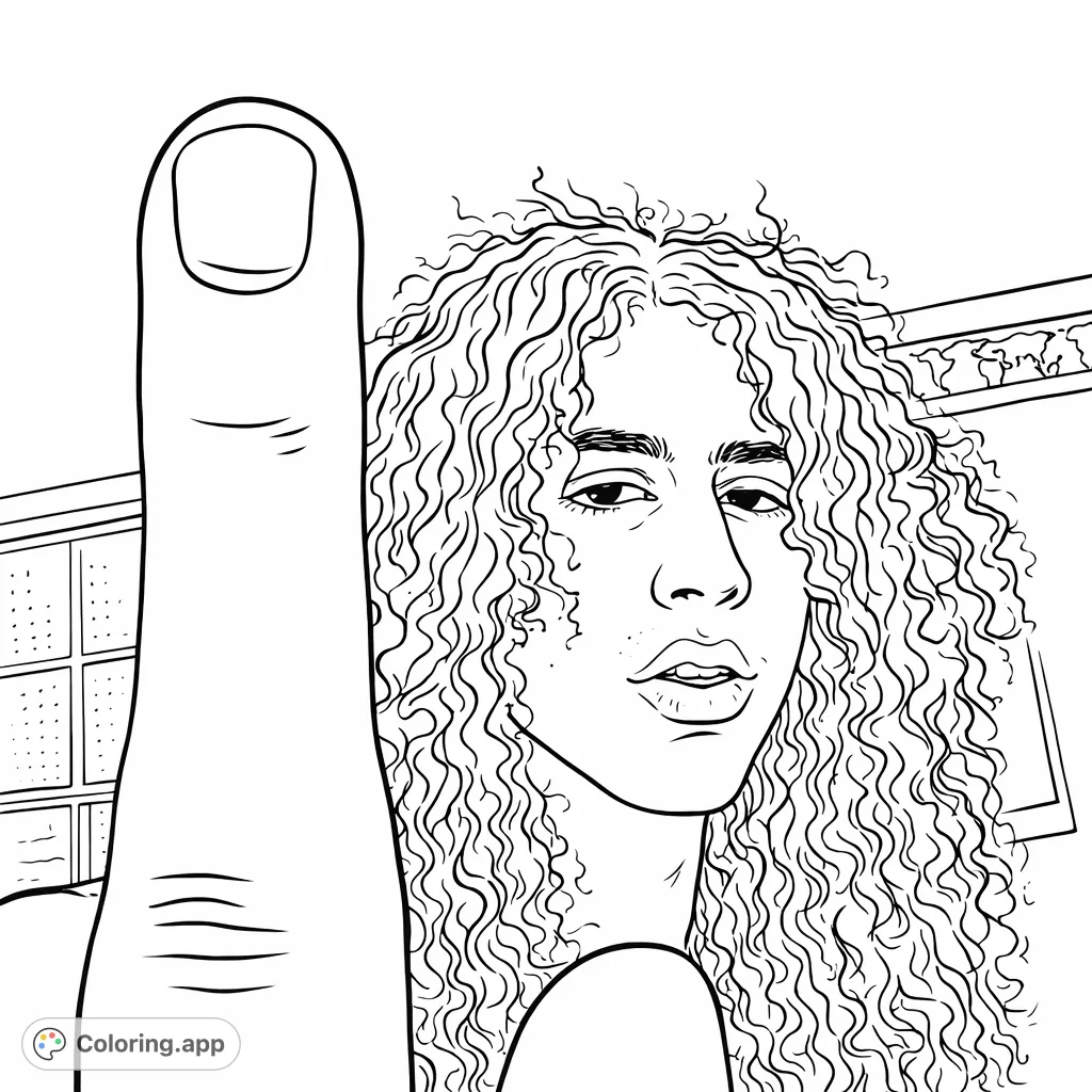 A person with curly hair, partially obscured by a prominently extended finger in the foreground, gazes directly forward in a simple indoor setting.