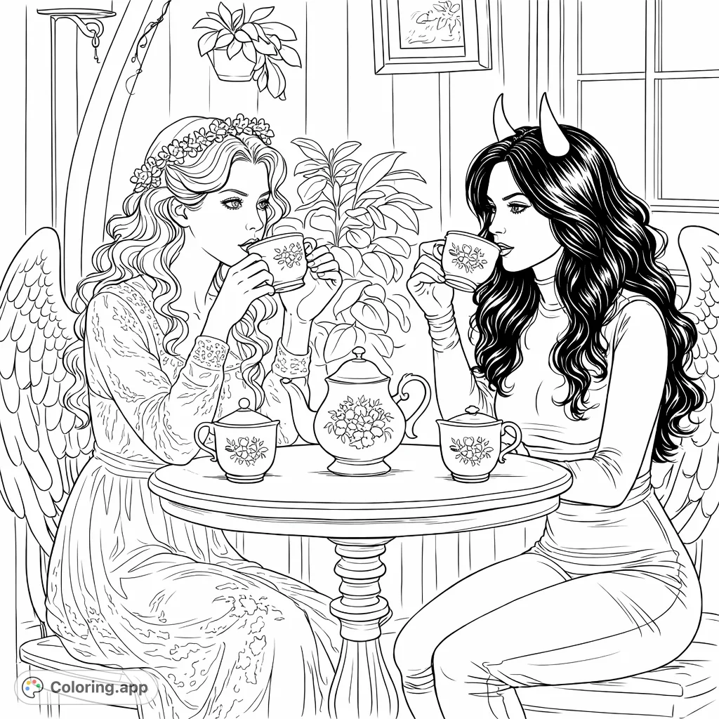 An angelic figure with feathered wings sips tea across from a horned, sleek-clad figure at a detailed tea party, blending contrasting elements and intricate patterns.