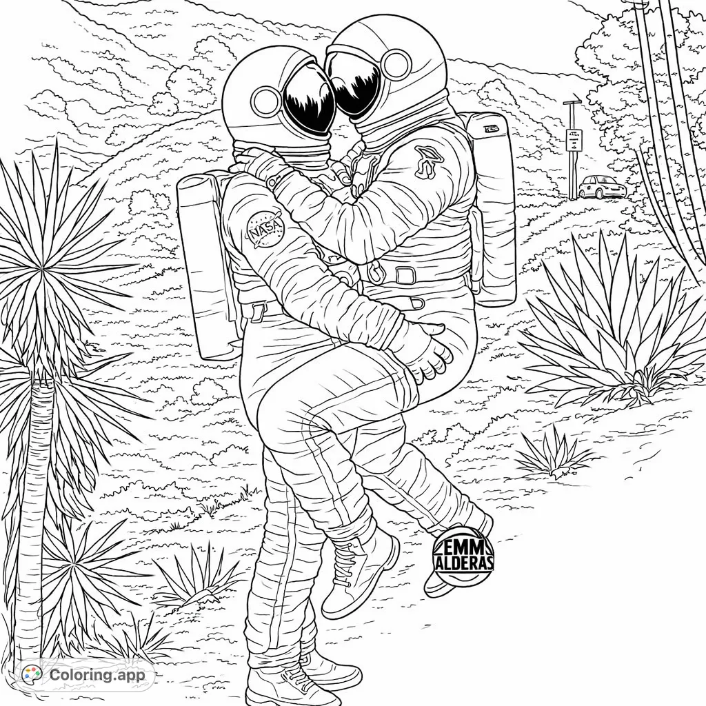An inspiring astronaut embrace set against a textured desert landscape, offering a unique sci-fi romance scene for colorists to explore.