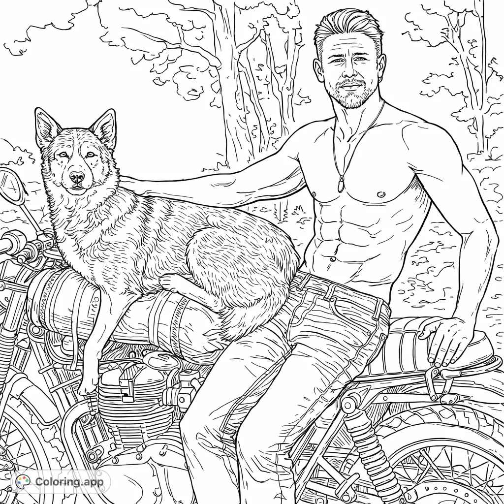 A powerful man and his loyal dog on a vintage motorcycle, ready for the open road. This detailed adventure coloring page invites you to bring textures to life.