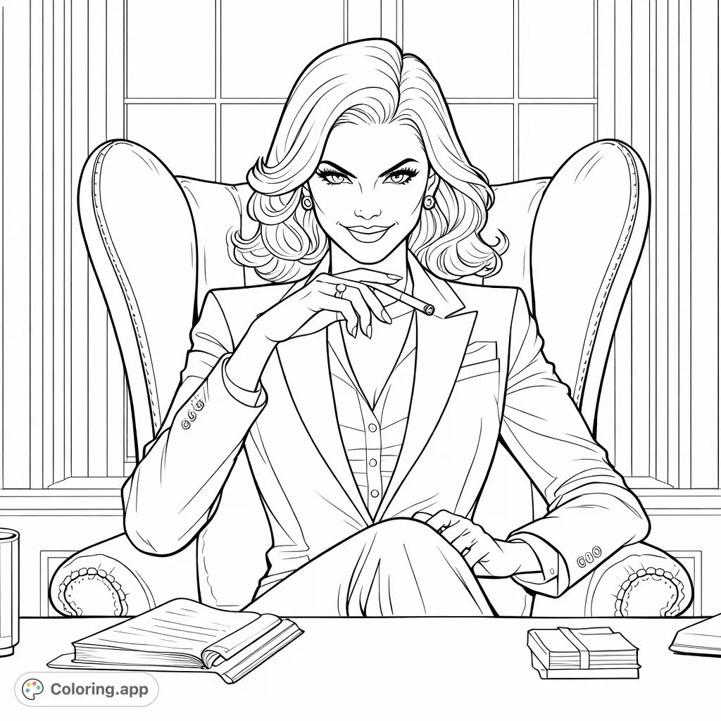 A stylish professional woman with a confident gaze sits at her desk, contemplating with a cigarette in hand. This sophisticated adult coloring page offers an empowering scene.
