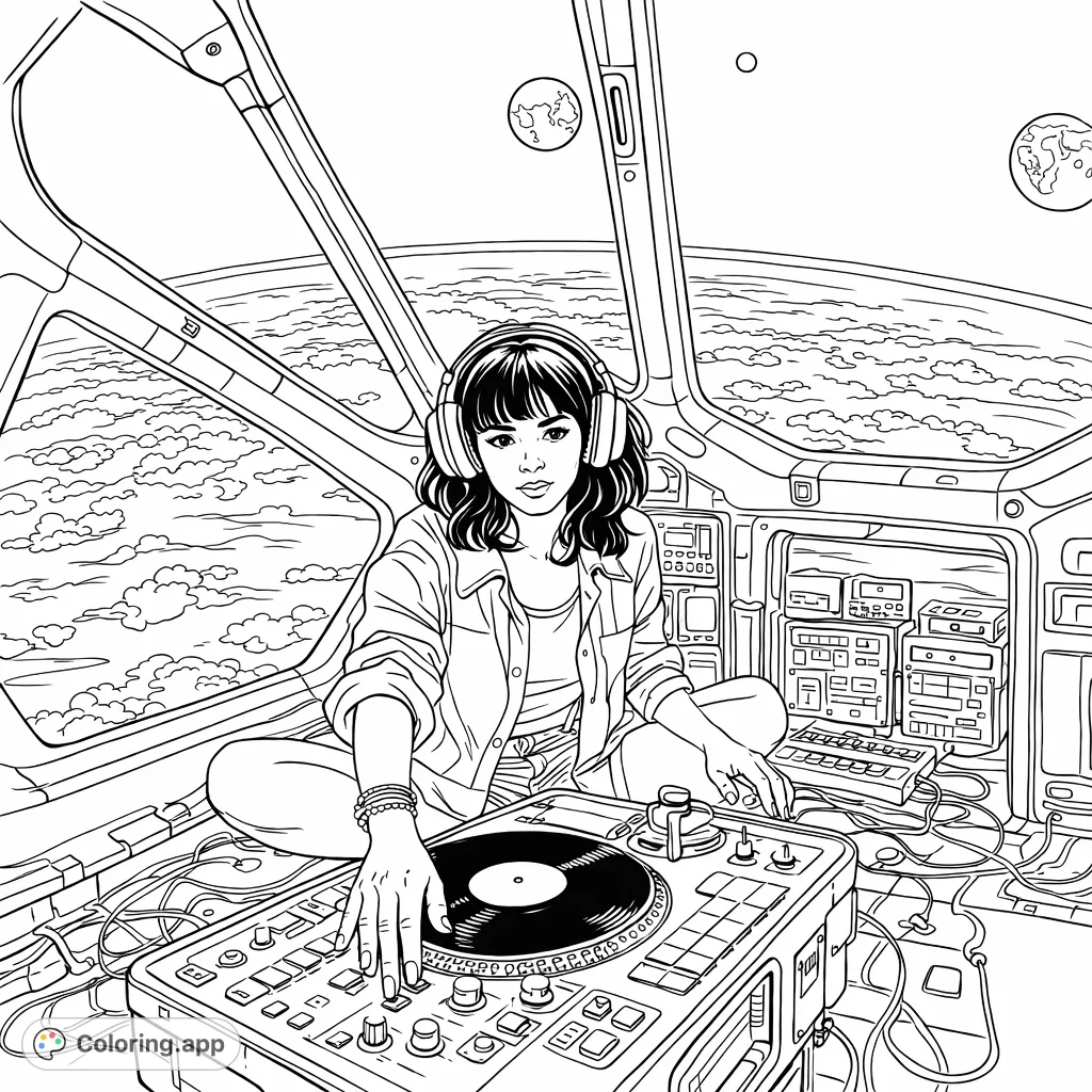 Color a dynamic scene of a space DJ mixing tracks from a futuristic cockpit. Features intricate controls, a view of Earth, and celestial bodies for a unique cosmic adventure.