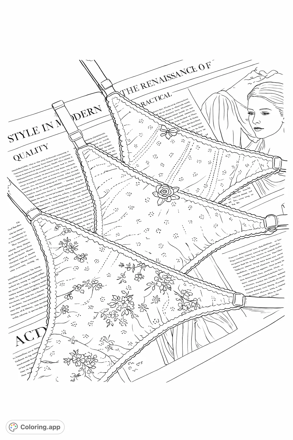 Color three delicate floral lingerie pieces with intricate lace, ribbon, and textured fabrics, artfully arranged on a newspaper background.