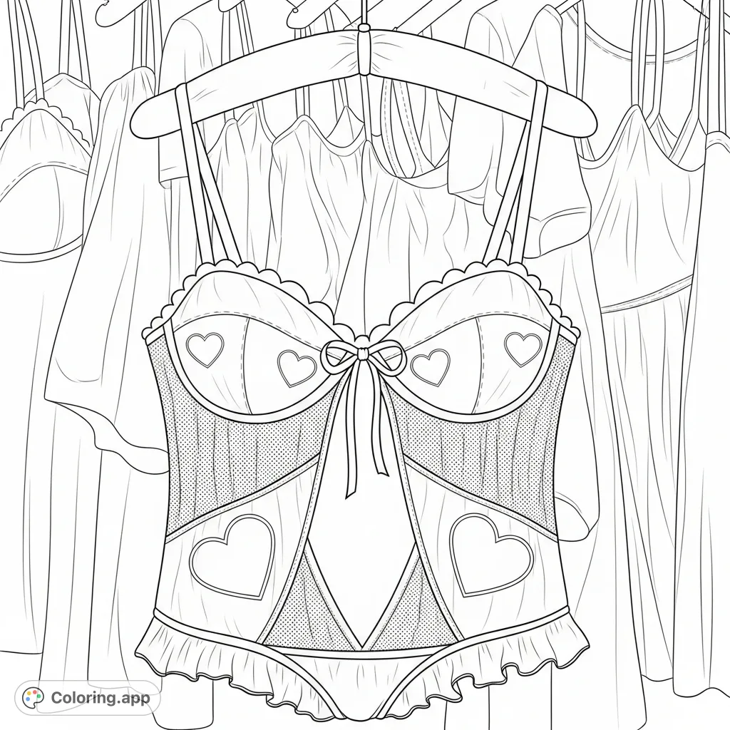 An intricate camisole coloring page featuring numerous heart embroideries, delicate ruffles, and sheer fabric details, perfect for adult colorists.