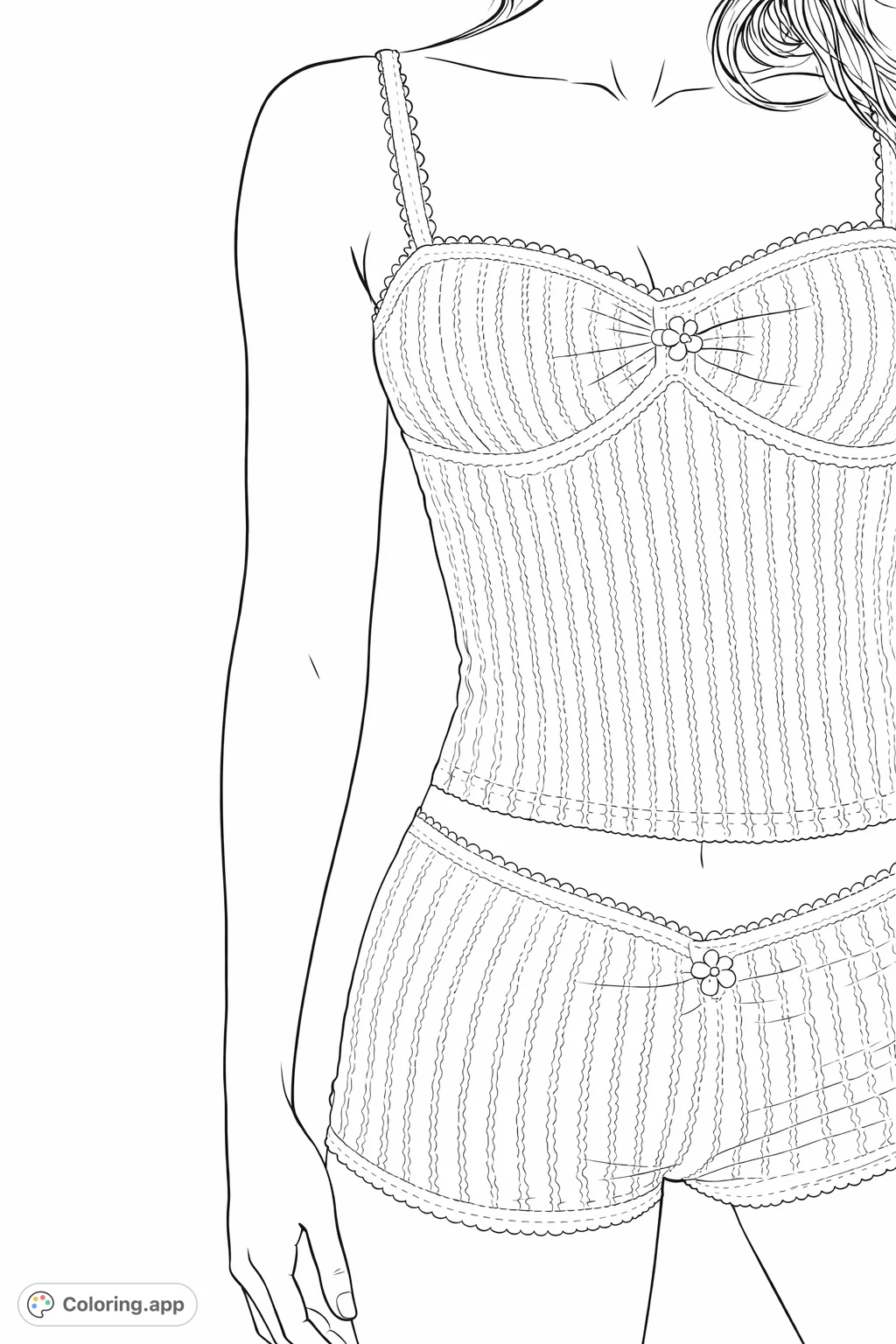 Delicate sleepwear set featuring a camisole and shorts with intricate lace trim and ribbed texture. A charming floral detail adorns both pieces.