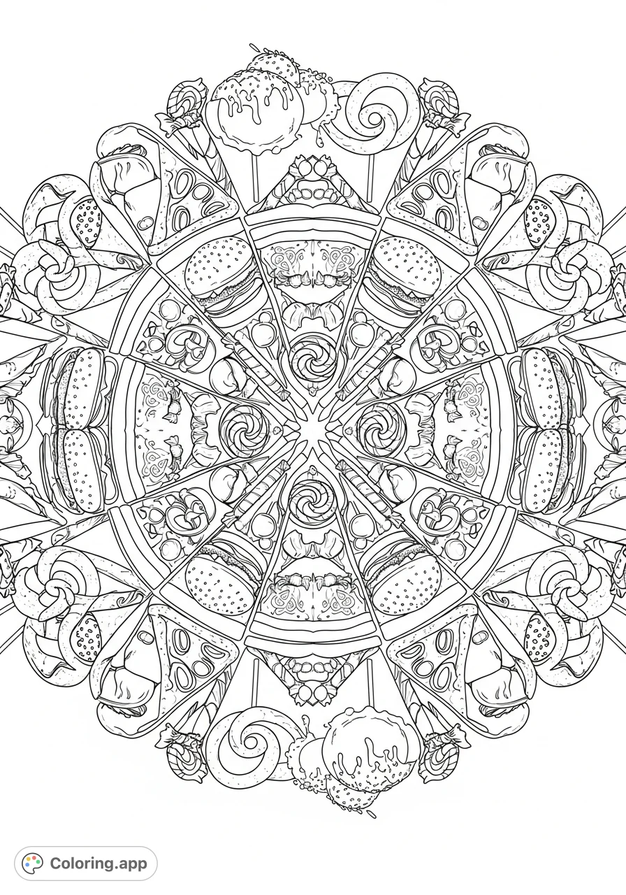 An intricate mandala woven from pizza, pretzels, burgers, candy, and ice cream, offering a deliciously detailed coloring experience for food art enthusiasts.