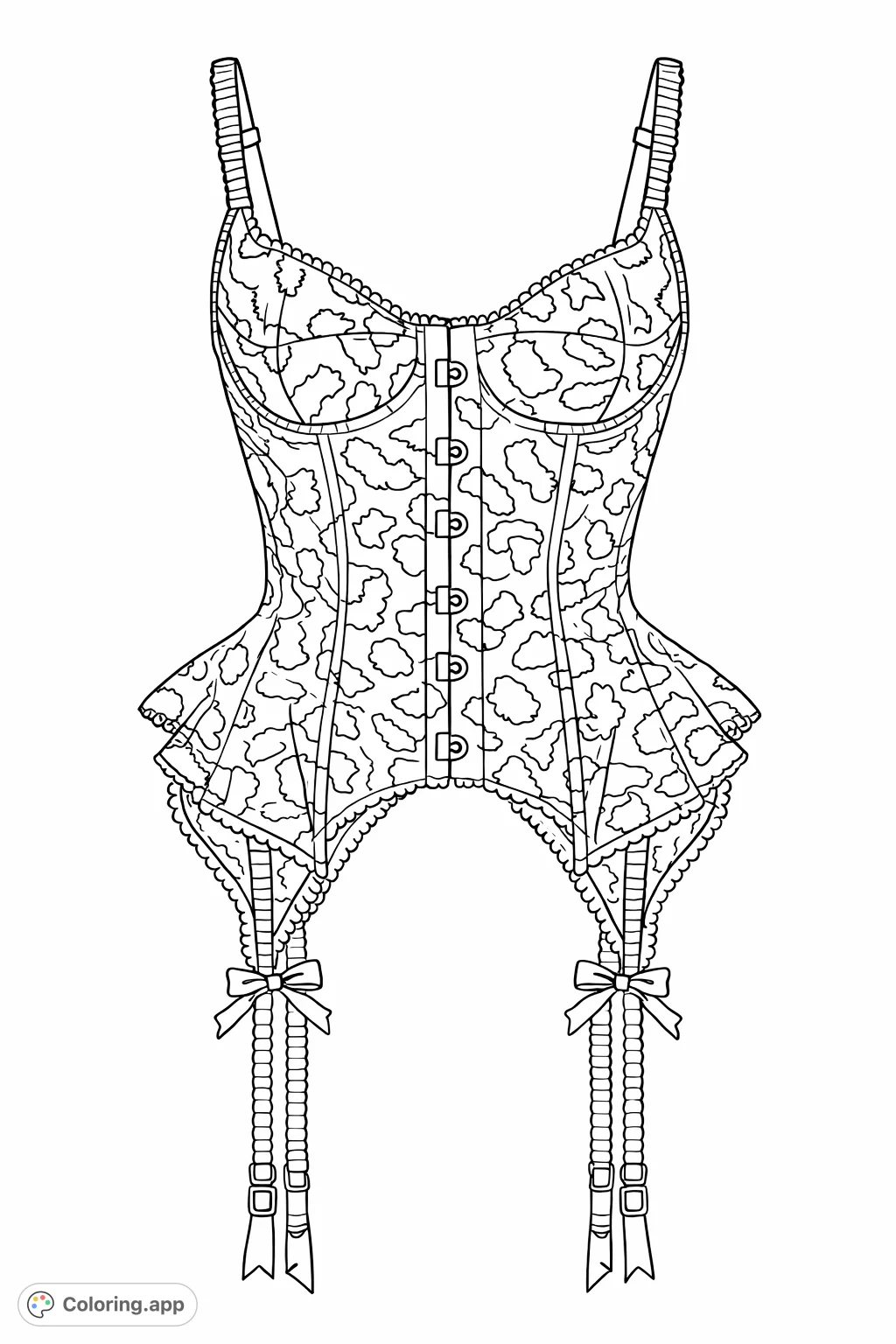 Explore intricate details on this chic corset featuring a bold animal print, delicate ruffles, and elegant garter straps. Perfect for adult colorists.