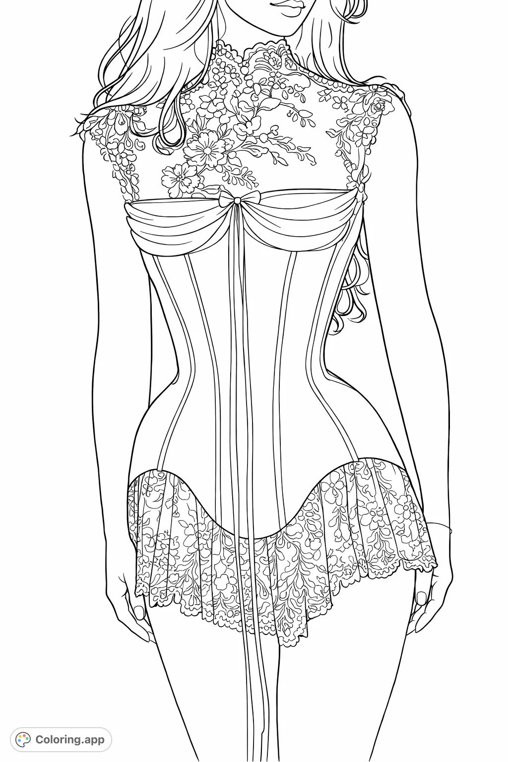 Color this exquisite garment featuring a detailed floral lace high-neck, structured corset, and a ruffled lace hem. Perfect for fashion and intricate design enthusiasts.