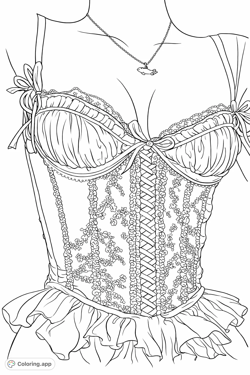 An elegant embroidered corset design offering intricate details and delicate patterns, perfect for fashion enthusiasts and adult colorists.