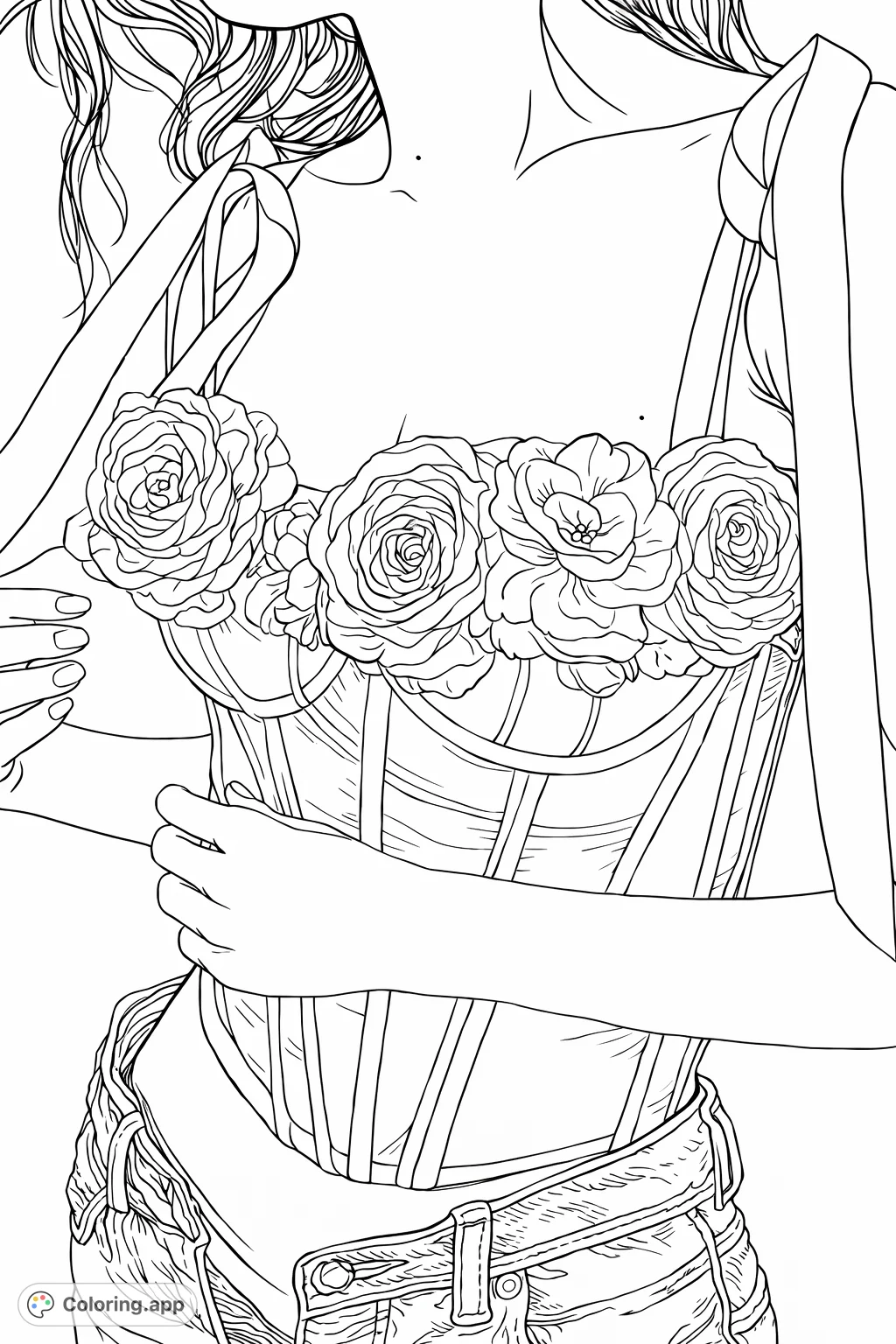 Unleash your creativity with this elegant floral corset fashion coloring page. Featuring intricate floral appliqués, sheer fabric details, and stylish denim.