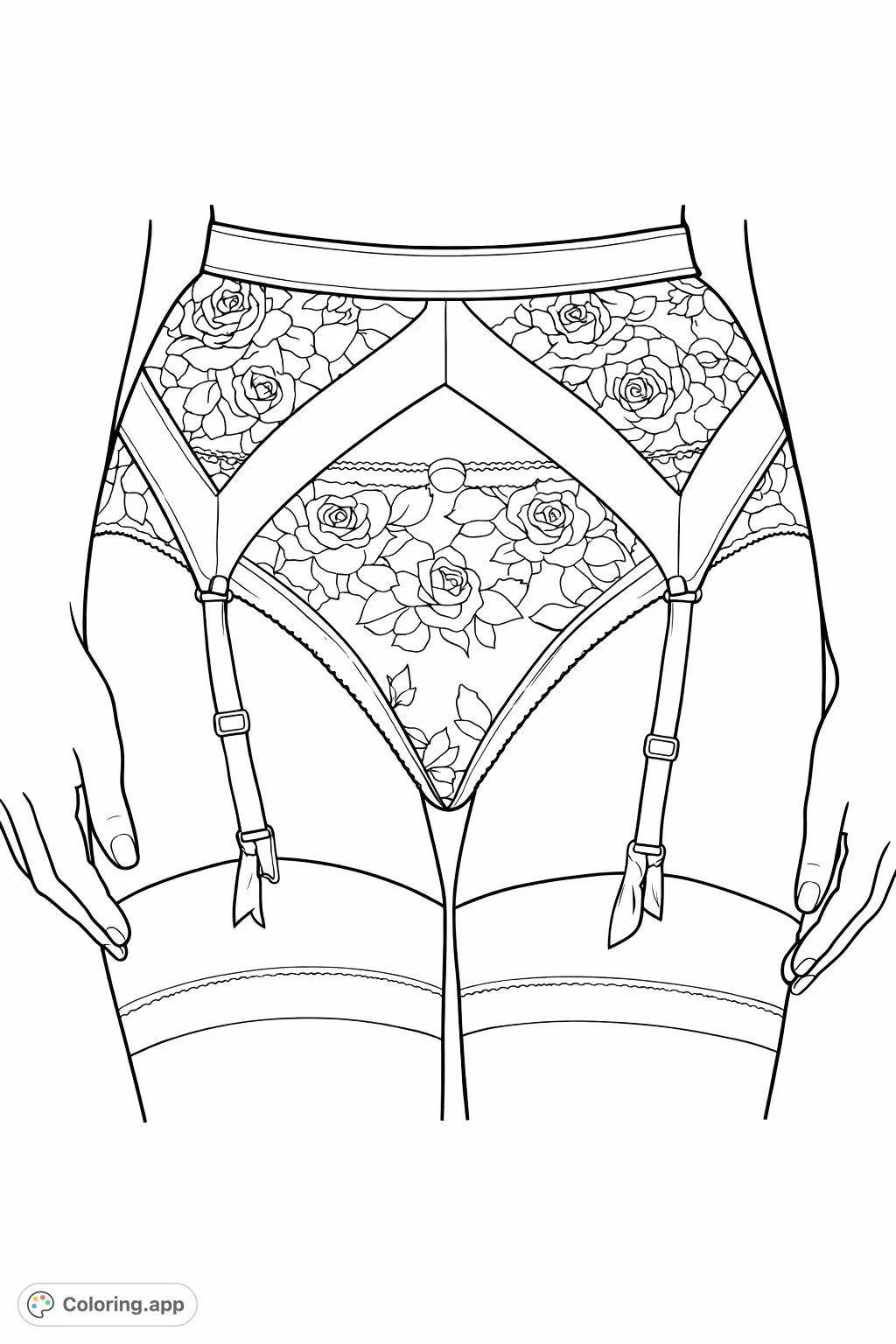 An elegant high-waisted garter belt and matching briefs adorned with intricate floral embroidery, complemented by sheer stockings. Perfect for adult coloring.