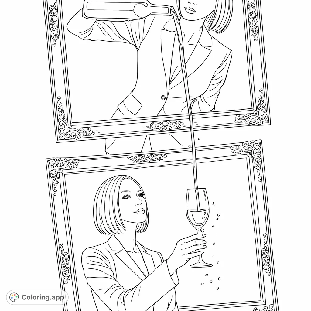 Elegant framed composition features two women; one pours a liquid stream caught by the other. Intricate frames and suspended droplets add sophistication.