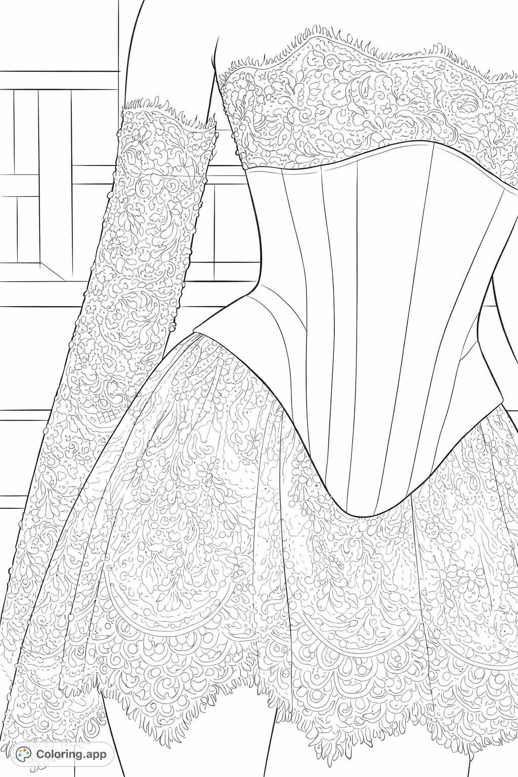 An exquisite coloring page featuring an elegant lace gown with a structured corset, intricate sleeves, and delicate patterns, perfect for fashion enthusiasts.
