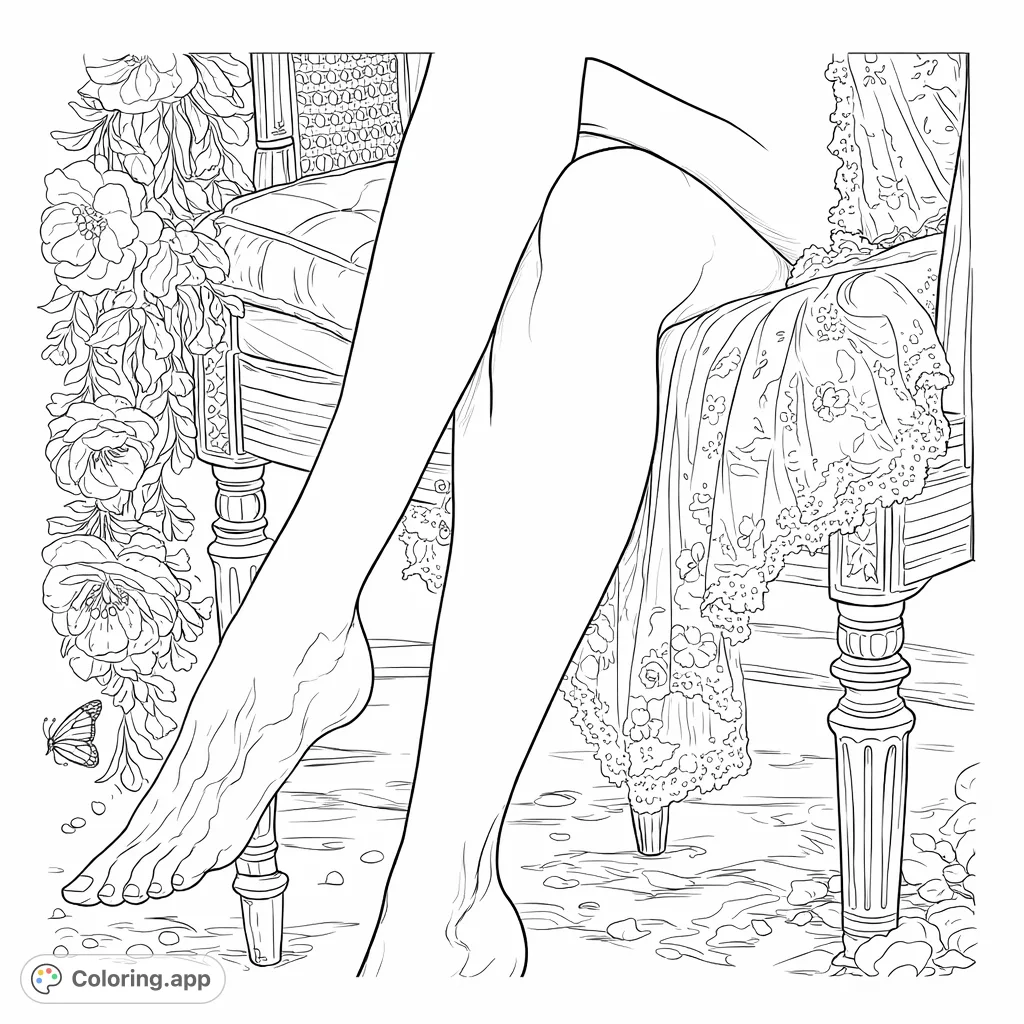 A sophisticated coloring page featuring graceful legs, a delicate lace garment, an ornate chair, blooming flowers, and a butterfly, perfect for intricate detailing.