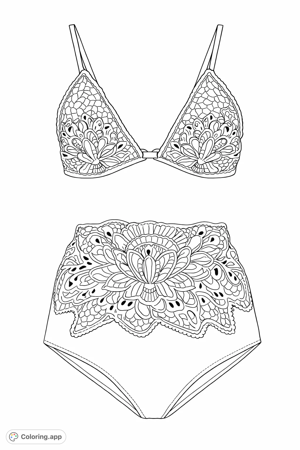 Color this fashionable high-waisted bikini set featuring elaborate floral and mesh-like embroidery on both the bra top and bottom, perfect for creative expression.