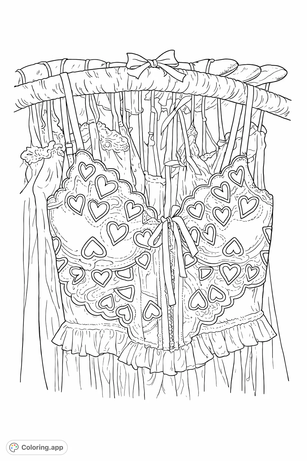 A sophisticated adult coloring page featuring a delicate camisole adorned with intricate heart embroidery, ruffled trim, and a tied bow.