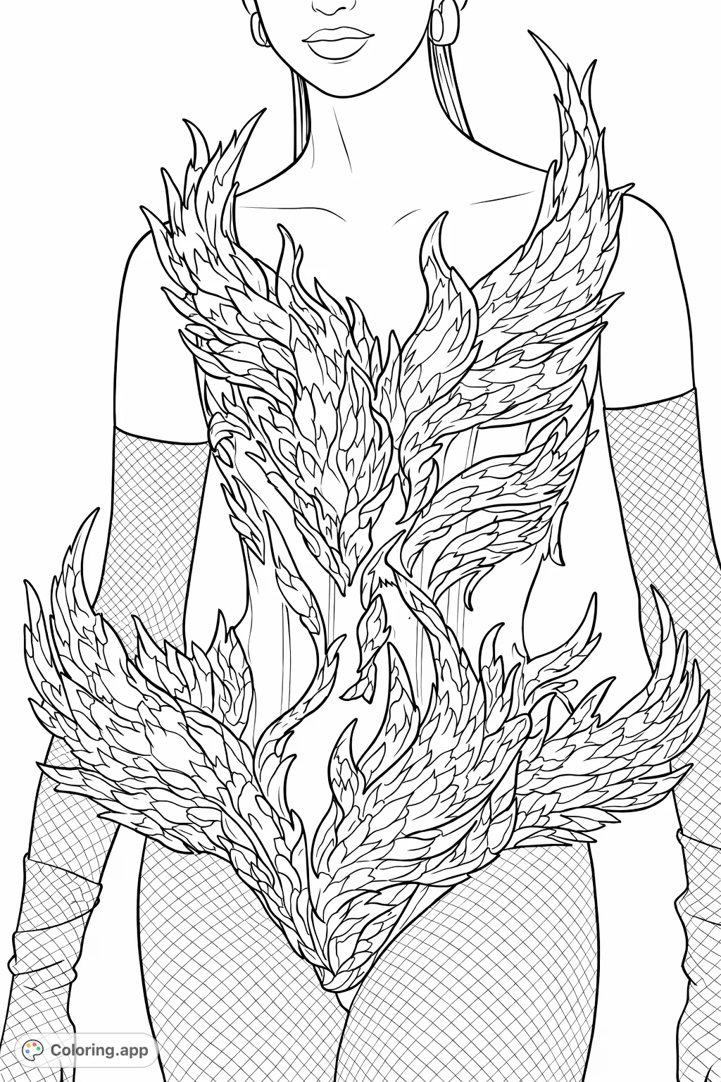 Unleash your creativity with this striking fashion design coloring page. Featuring an elaborate bodice with intricate flame patterns and textured details.