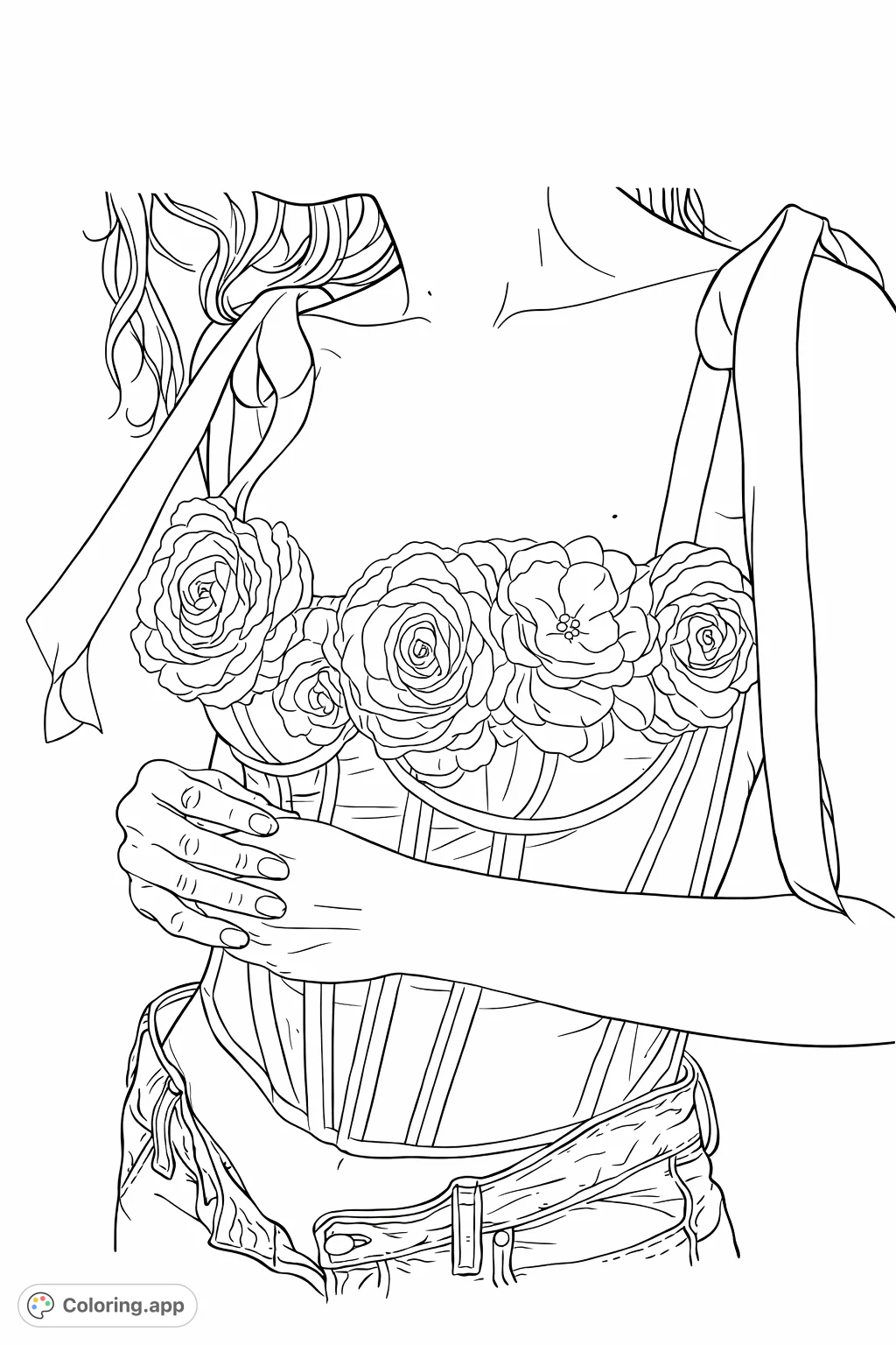 Intricate floral corset style top with delicate petals and structured boning, paired with denim. Perfect for fashion enthusiasts.