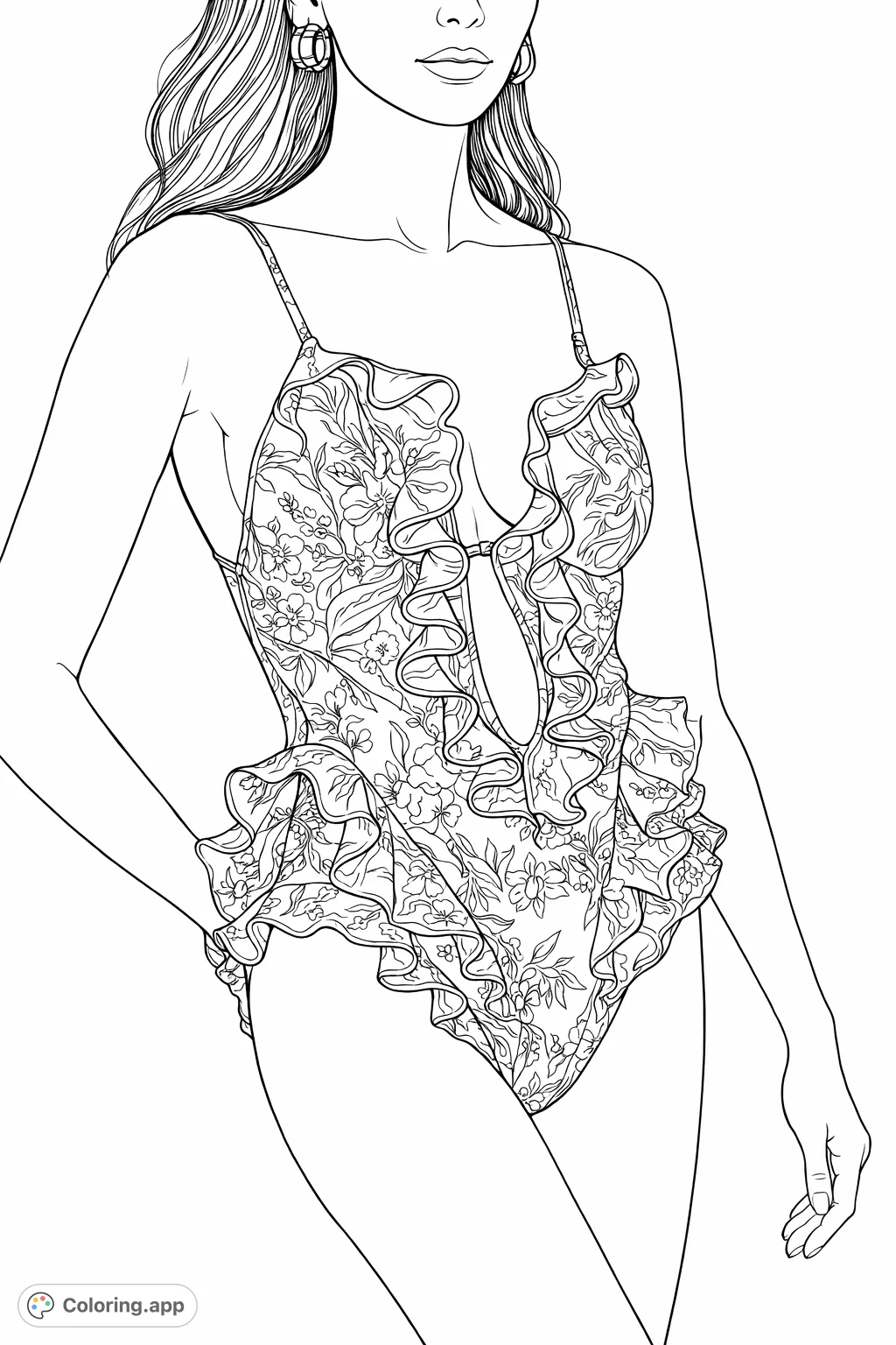 Dive into fashion with this stylish swimsuit coloring page featuring a chic ruffled one-piece and intricate floral patterns. Perfect for fashion enthusiasts!