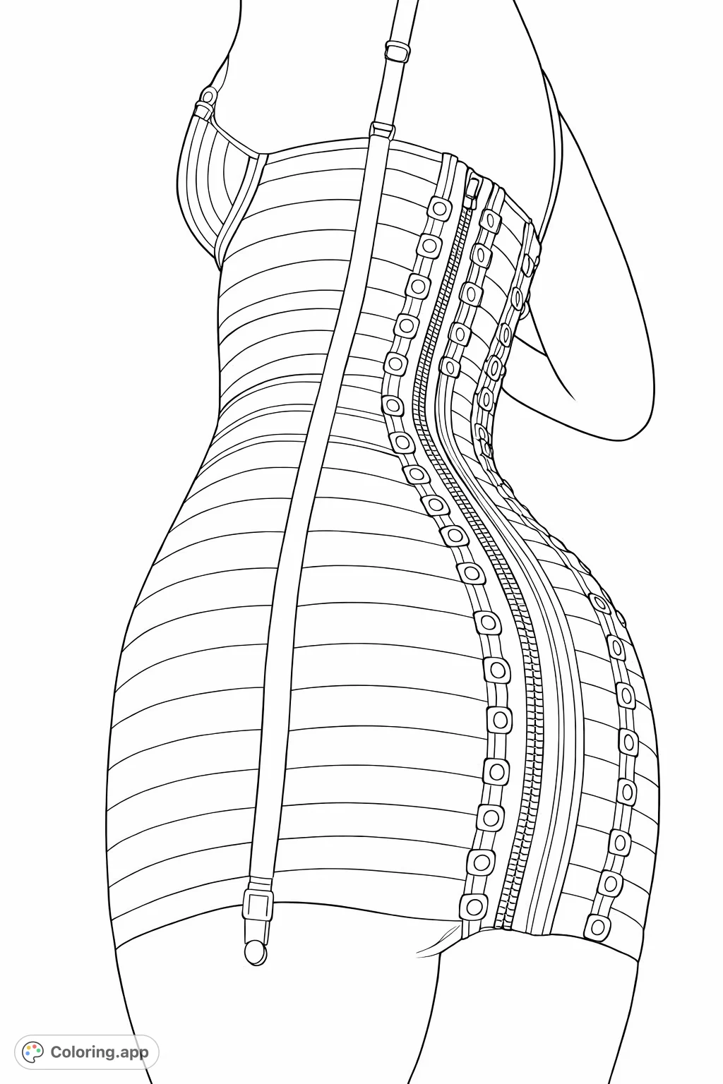 Explore a unique futuristic fashion design, featuring a form-fitting garment with horizontal bands and intricate zippered details. A modern, abstract fashion statement.