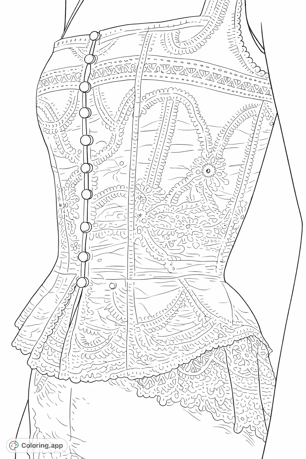Explore the exquisite details of an embroidered garment, featuring delicate patterns, button-front closure, and lace trim. A sophisticated design for mindful coloring.