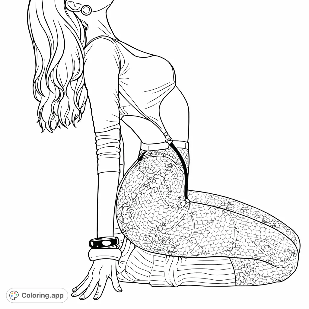 An artistic fashion study coloring page featuring a kneeling figure in a detailed lace garment and unique top. Perfect for exploring intricate patterns.